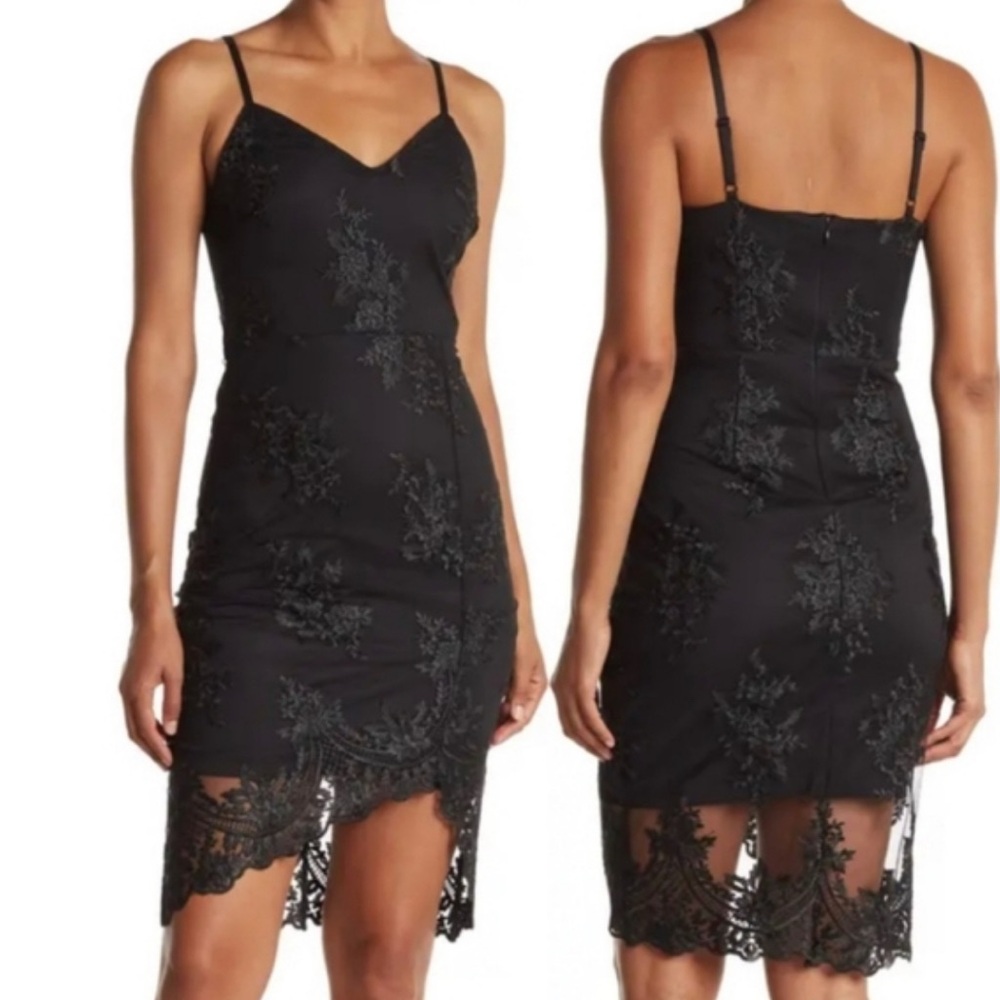 GUESS Embroidered Mesh Illusion Scalloped Hem Asymmetrical Dress Size 0 EUC - Picture 13 of 13